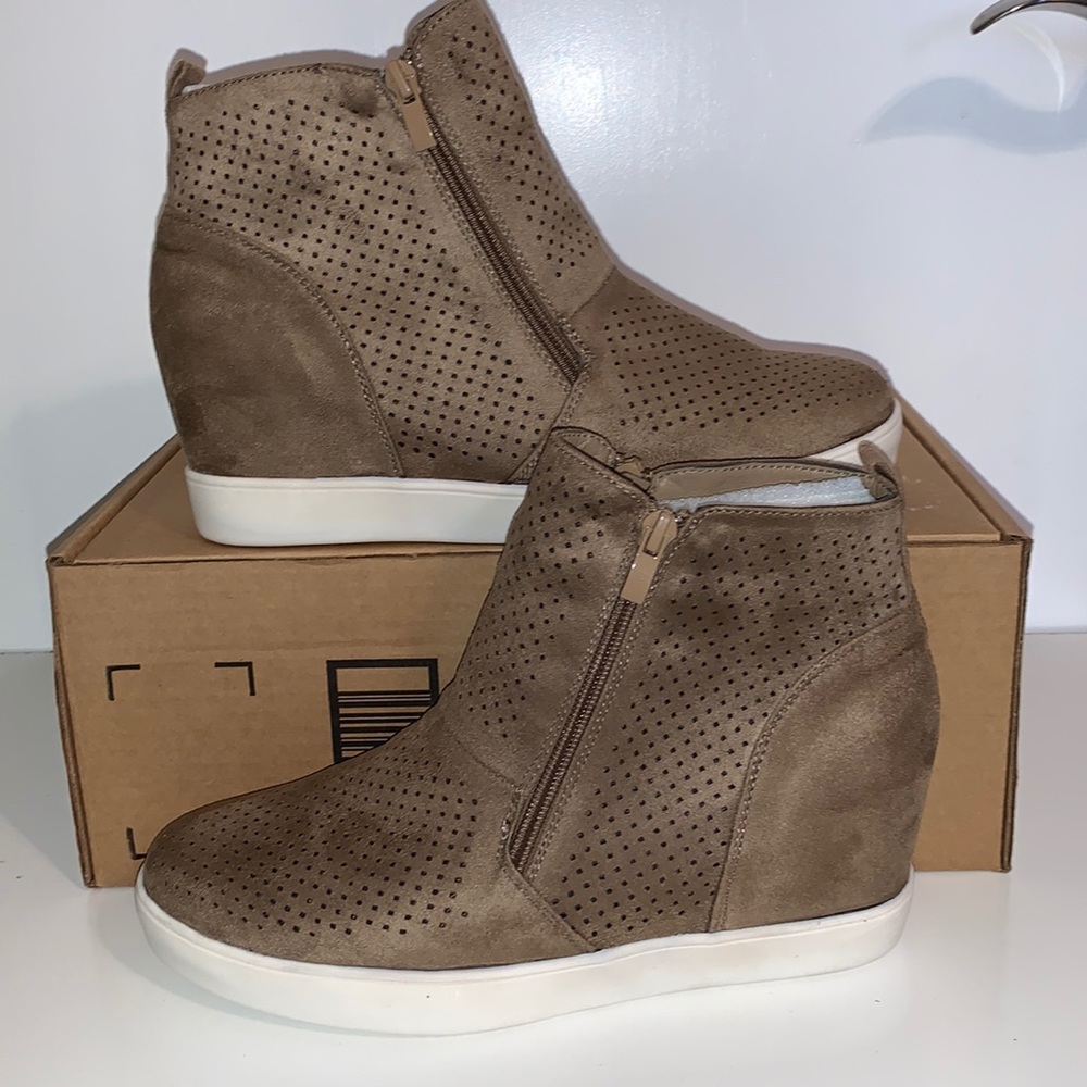 Brown suede zip up hidden wedge sneaker